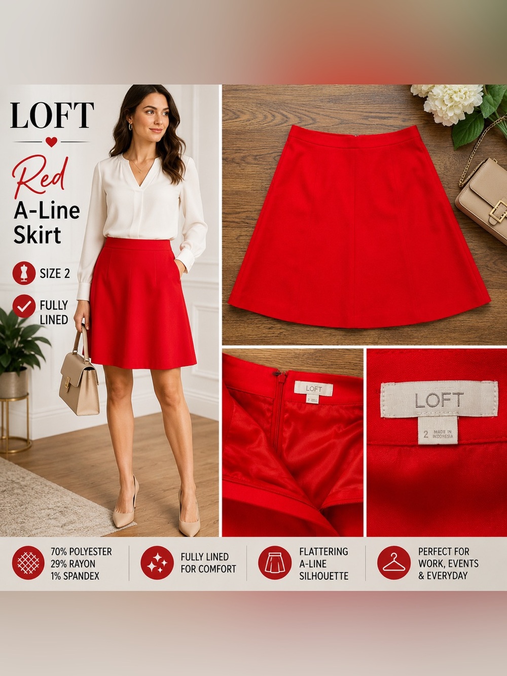 LOFT Bright Red A-Line Skirt Size 2 Knee Length Hidden Back Zip